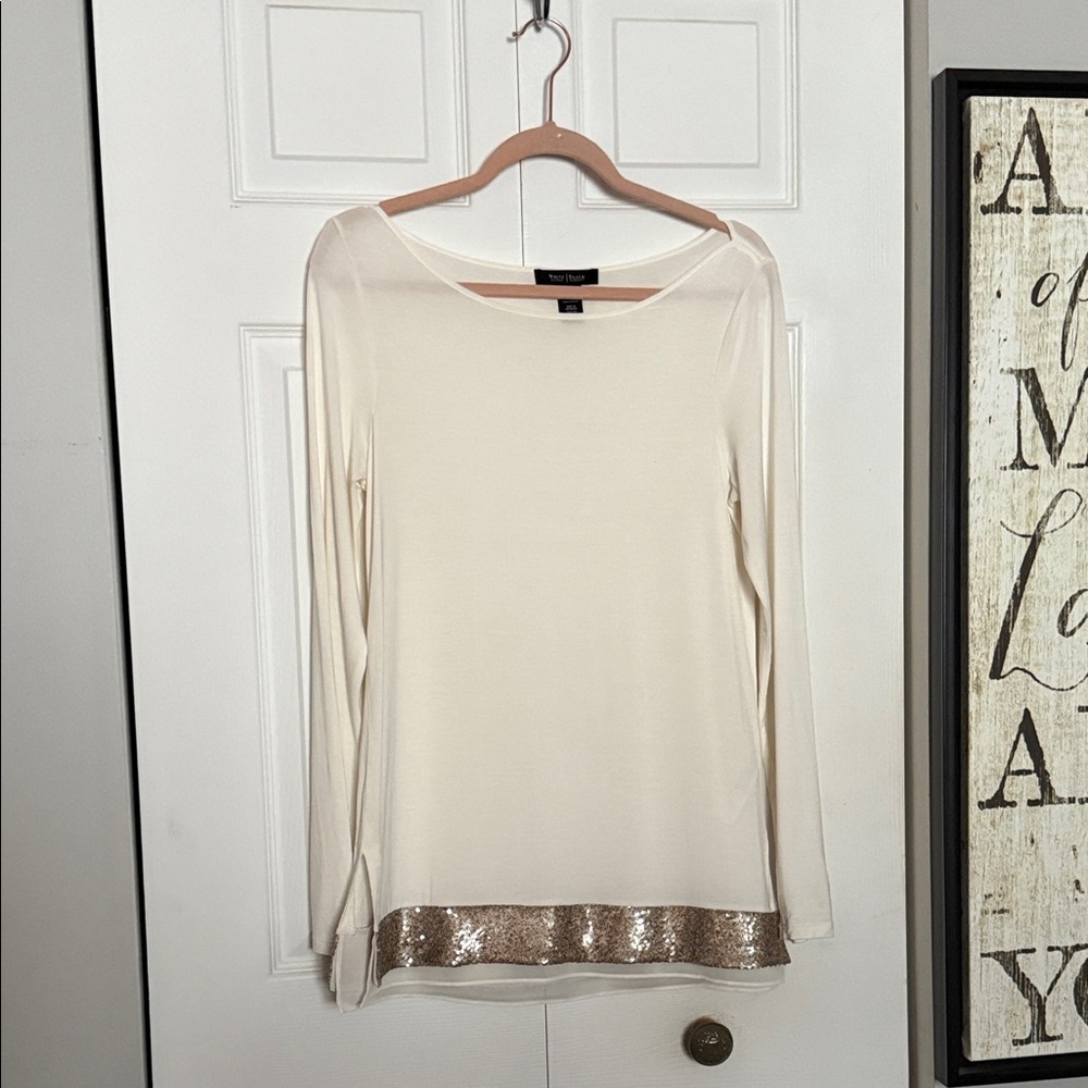 White House Black Market Cream Long Sleeve Top with Gold Sequin Hem